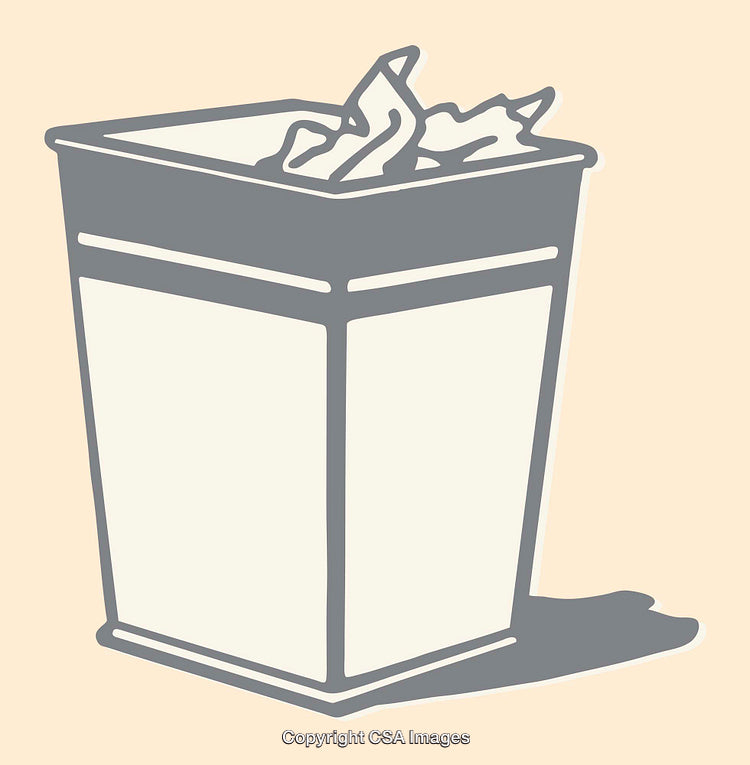Minimalist Line Art Illustration of a Trash Bin with Paper Waste