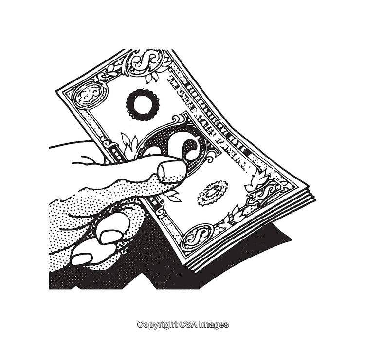 Hand Holding a Decorative Dollar Bill in Black and White Line Art