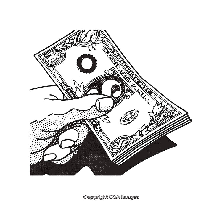 Hand Holding a Decorative Dollar Bill in Black and White Line Art