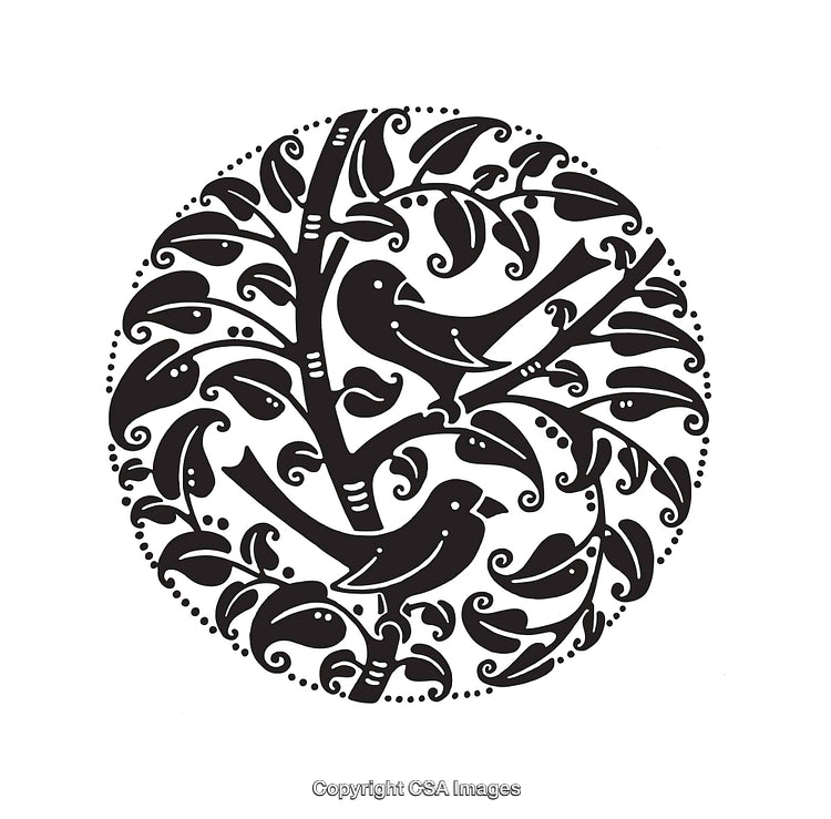 Black and White Decorative Birds Perched on a Tree Illustration