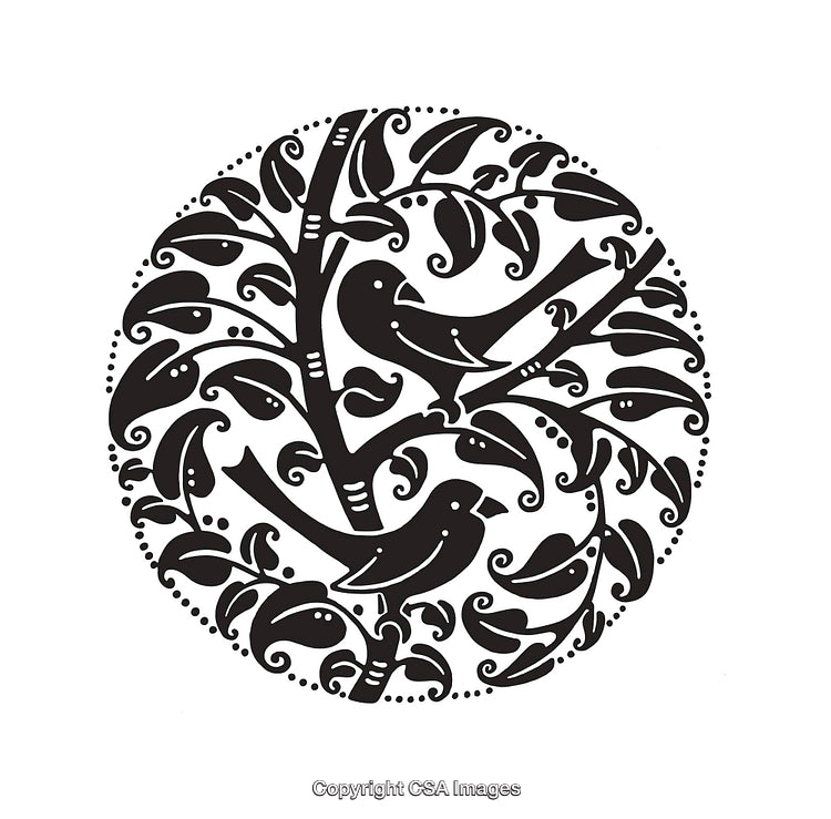 Black and White Decorative Birds Perched on a Tree Illustration