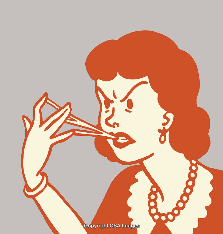 Retro Style Illustration of Woman Using Chopsticks in Dramatic Expression
