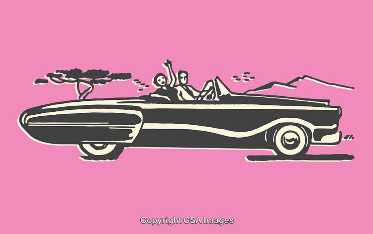 Retro Pink Car Illustration With Adventurers Enjoying Scenic Drive