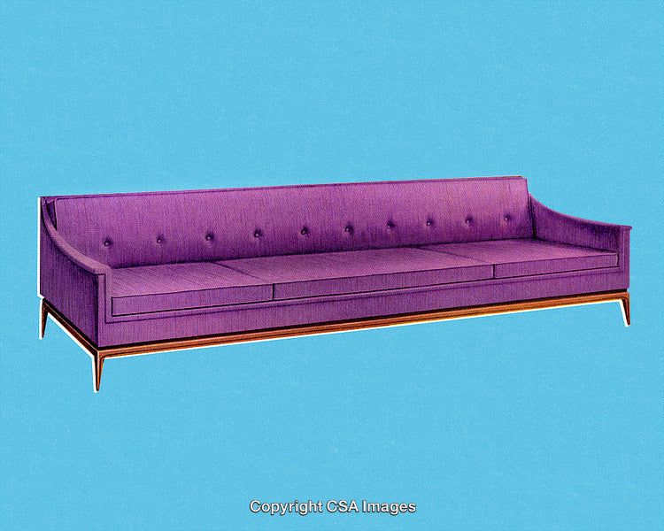 Stylish Purple Sofa Against a Bold Blue Background in Pop Art Style