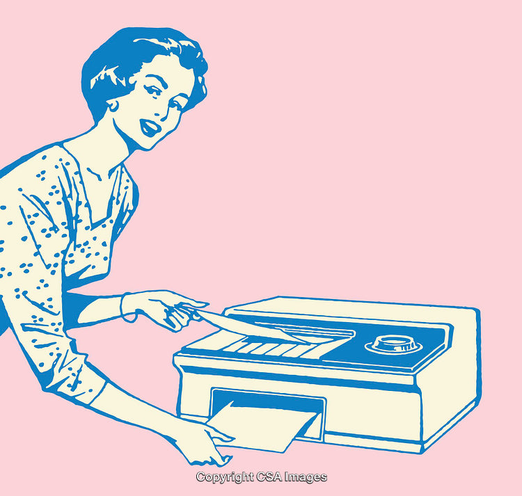 Retro Style Woman Operating Office Printer in Line Art Illustration