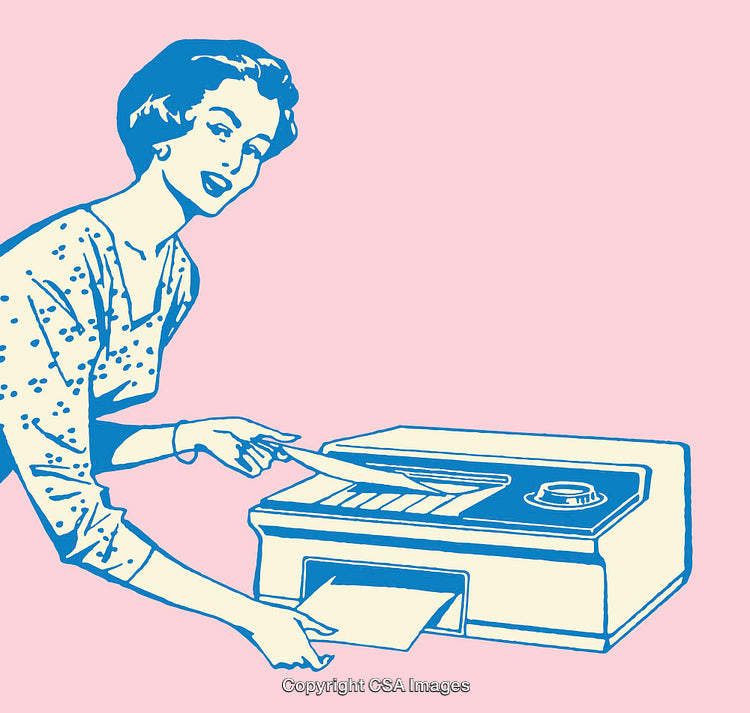 Retro Style Woman Operating Office Printer in Line Art Illustration