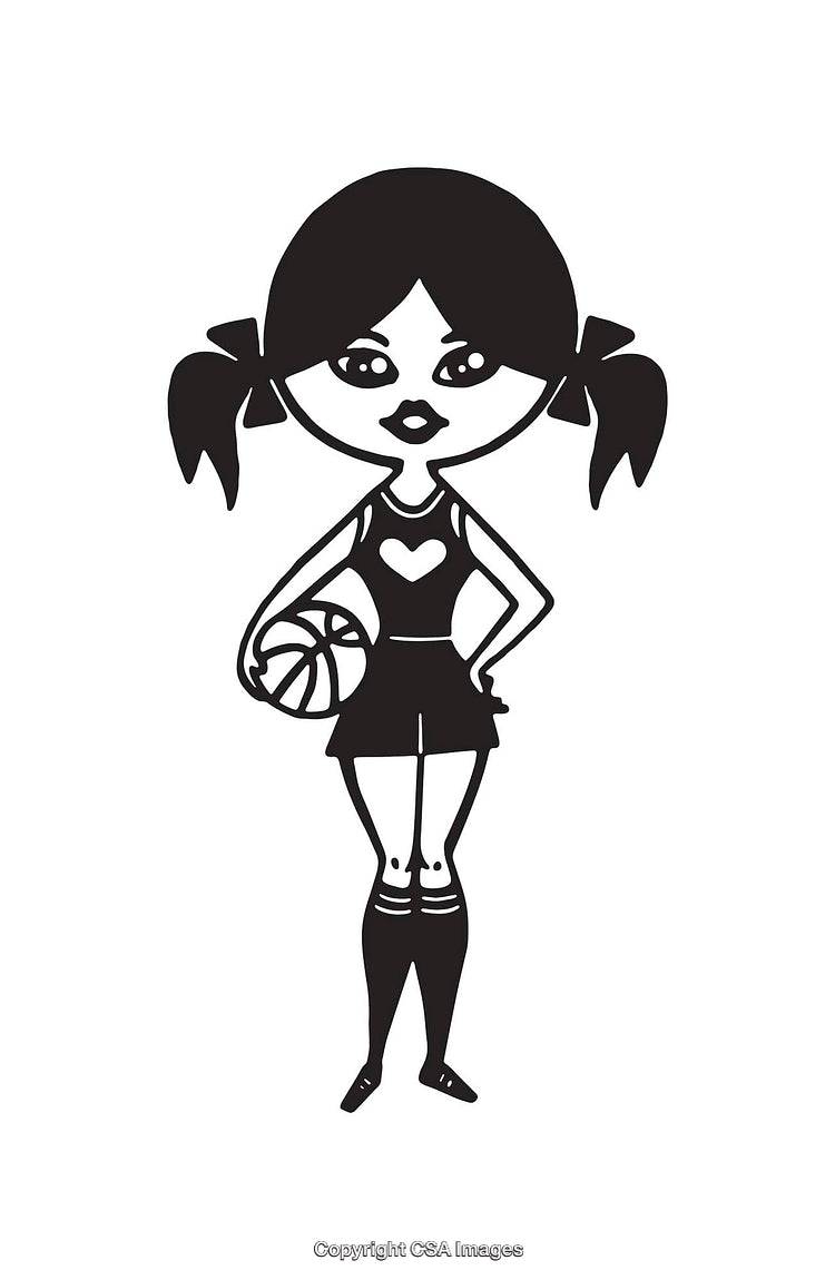 Black and White Illustration of a Stylish Girl Holding a Basketball