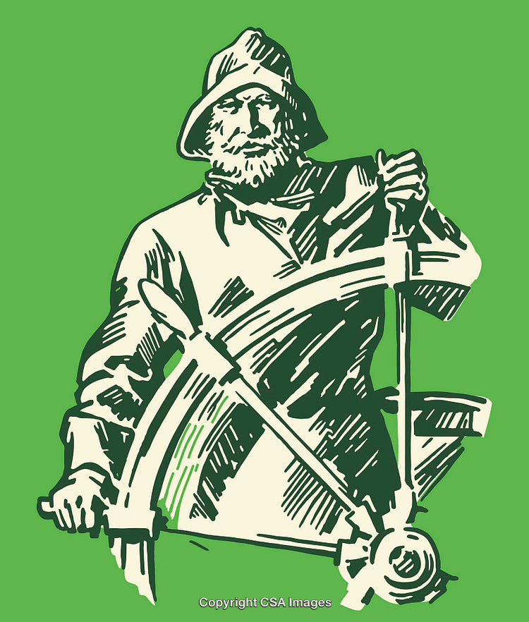 Vintage Line Art of a Sailor Holding Ship Wheel on Green Background
