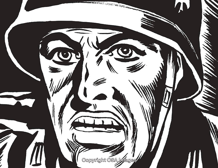 Illustrative Artwork of a Soldier With an Intense Expression in Black and White