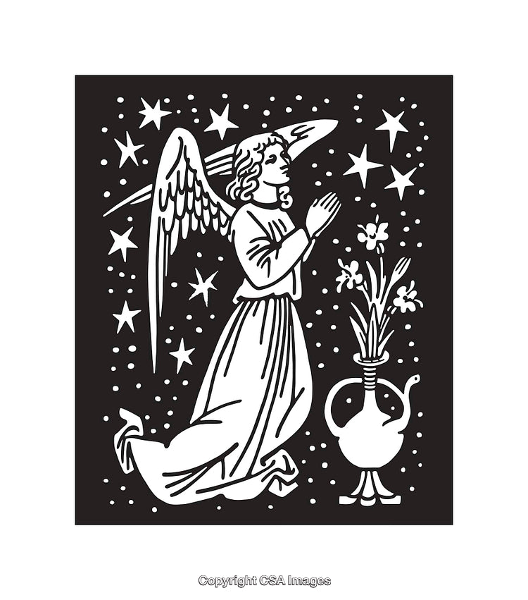 Elegant Angelic Figure Praying Among Stars and Flowers in Line Art