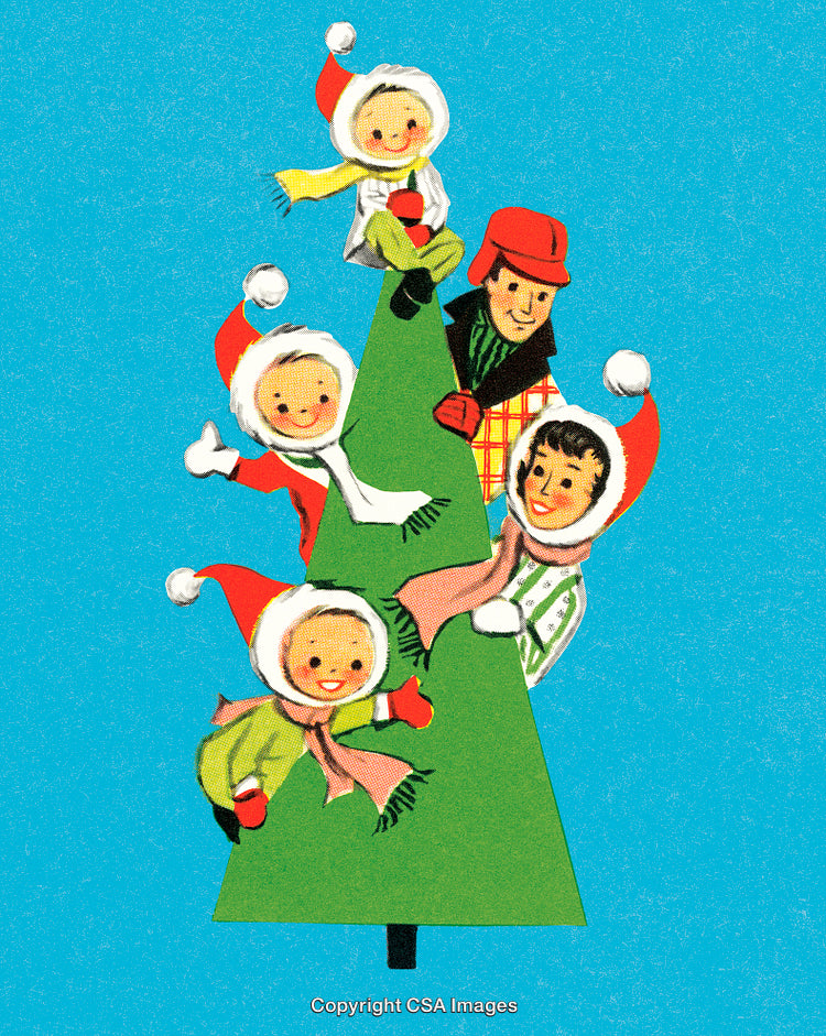 Illustrated Family Celebrating Together Around a Decorated Christmas Tree