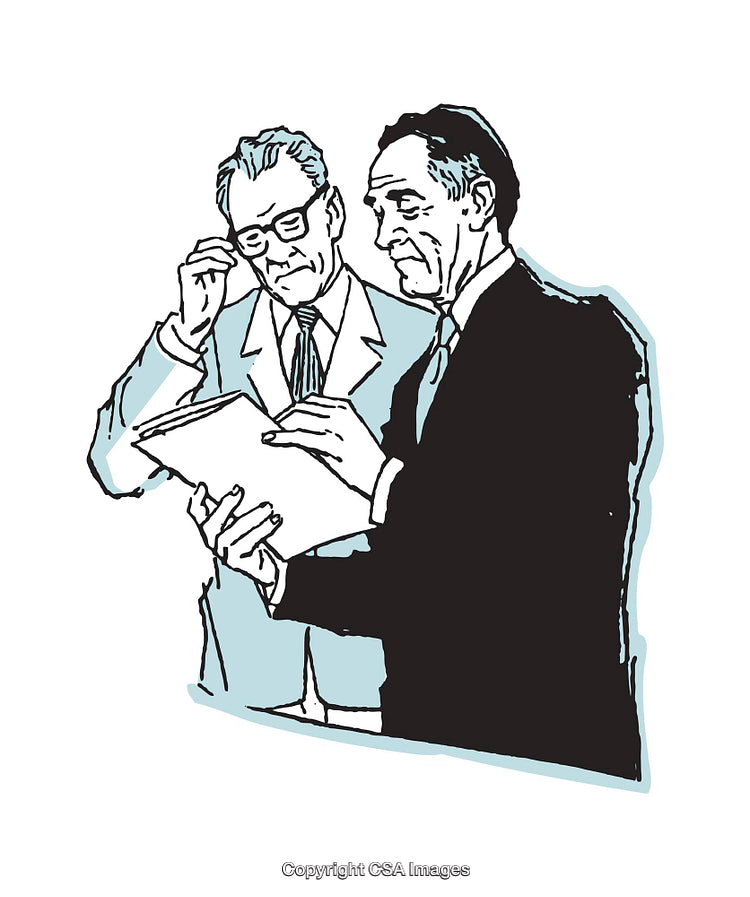 Two Business Professionals Analyzing Documents in a Color Illustration