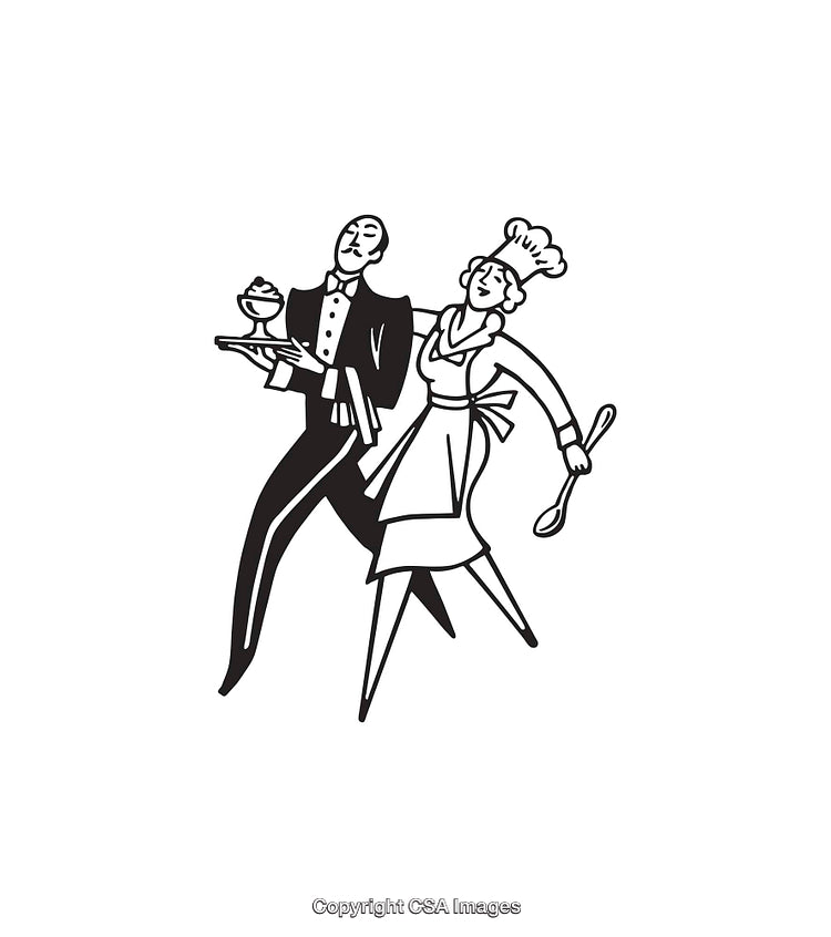 Elegant Chef and Waiter Duo in Black and White Line Art