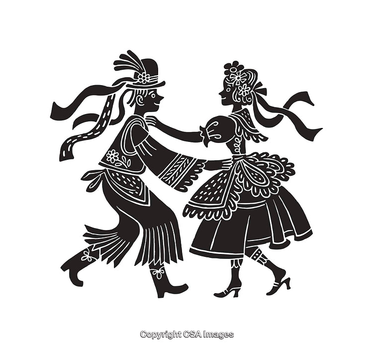 Traditional Folk Dance Illustration in Black and White Hand-Drawn Art
