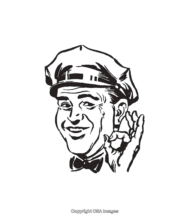 Retro Black and White Illustration of a Smiling Man in a Uniform