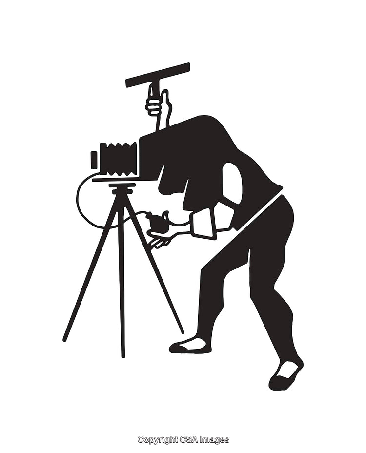 Vintage Line Art of a Photographer Using a Tripod Camera