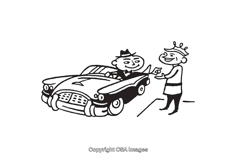 Vintage Car Illustration with Interaction Between Driver and Character