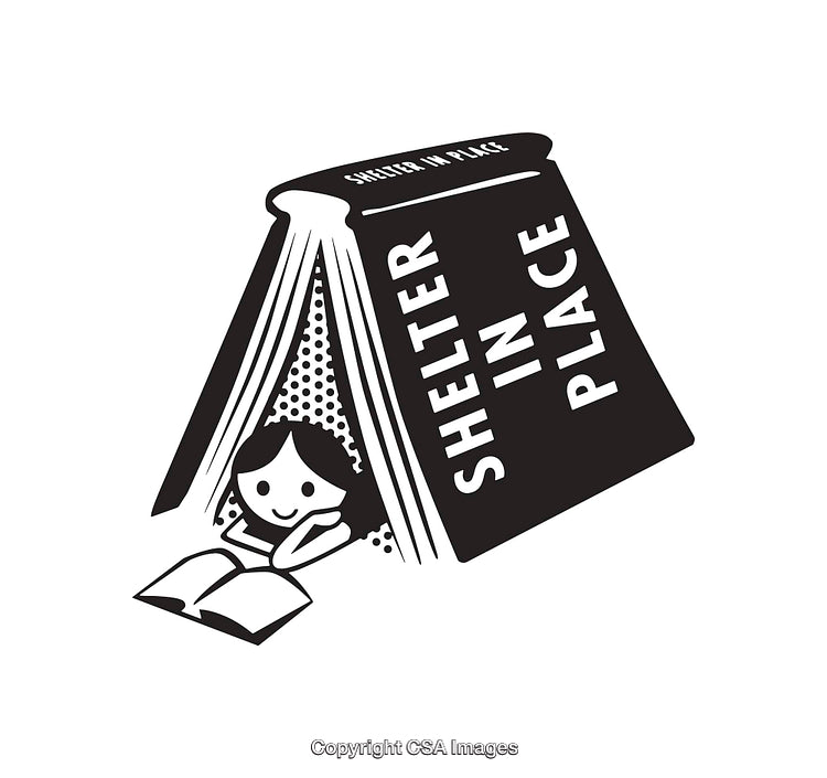 Black and White Drawing of Girl Sheltered Under a Giant Book