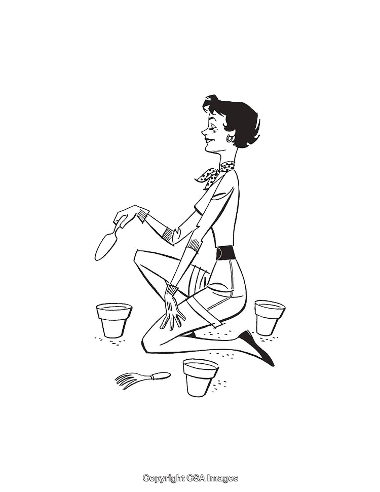 Cartoon Woman Gardening with Pots and Tools in Line Art Style