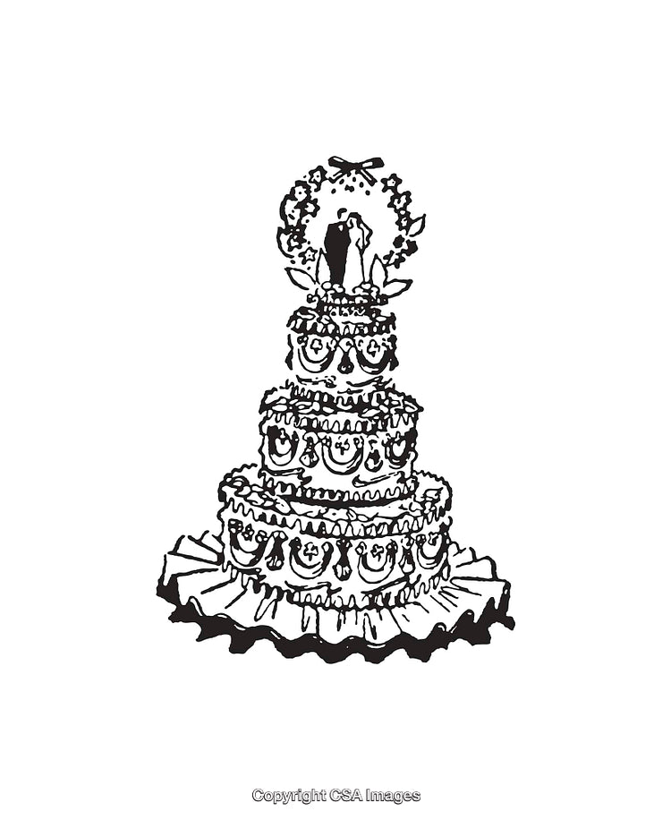 Black and White Line Illustration of a Three-Tier Wedding Cake Decoration