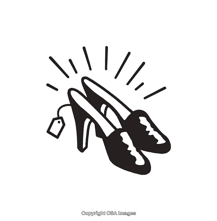 Black and White Illustration of High Heeled Shoes with Price Tag