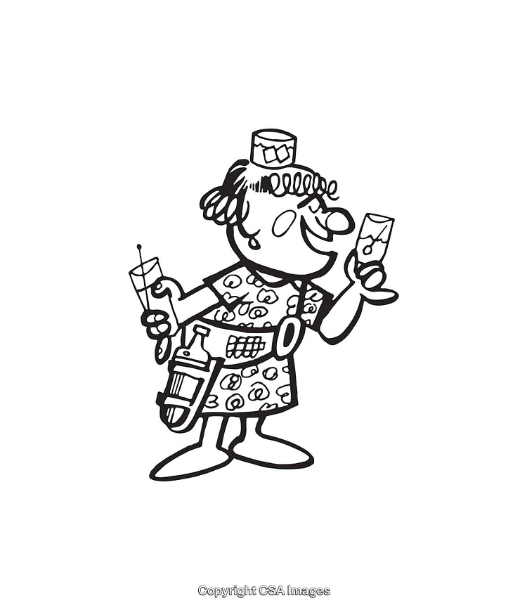 Cartoon Bartender Serving Drinks in Fun Black and White Line Art Style