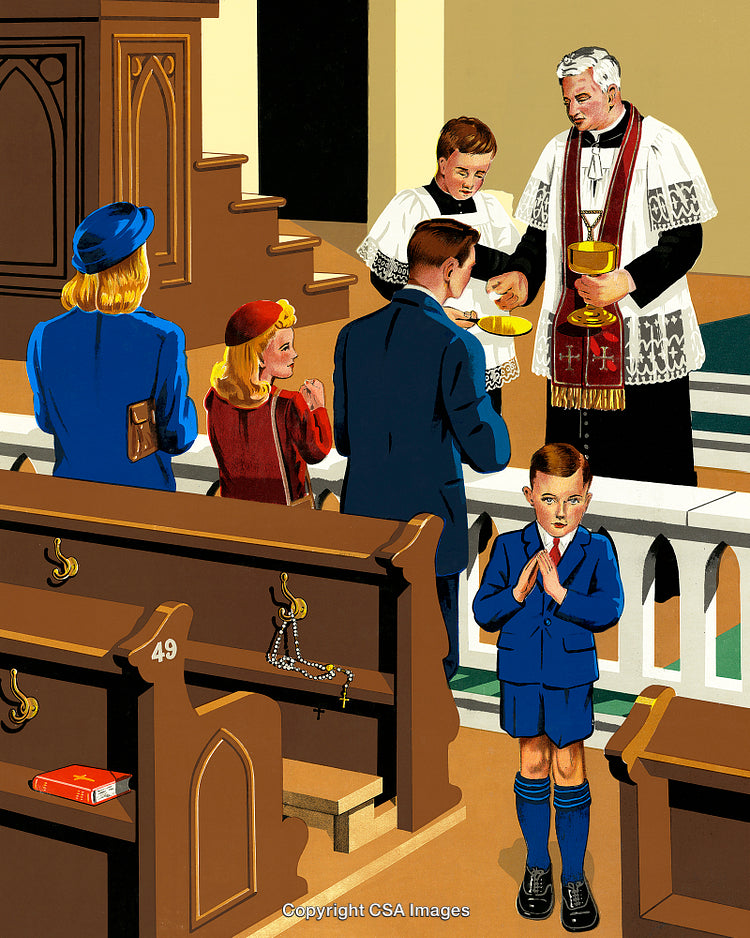 Family Receiving Communion During Catholic Church Service in Traditional Setting