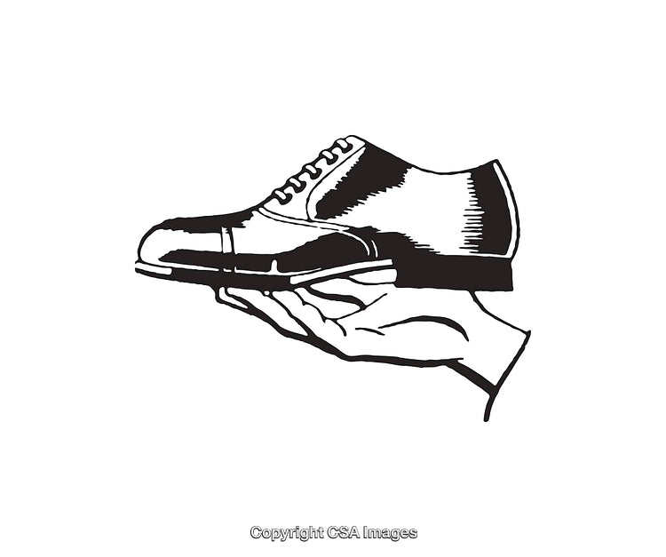 Black and White Illustration of a Hand Holding a Polished Shoe