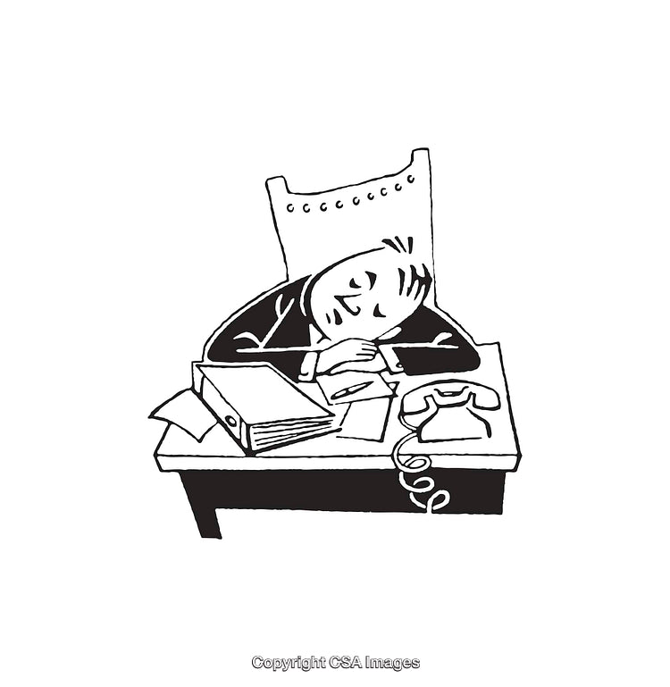 Cartoon Illustration of Exhausted Businessperson Sleeping at Desk