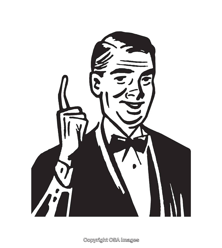 Retro Styled Black and White Line Art of a Smiling Man Pointing