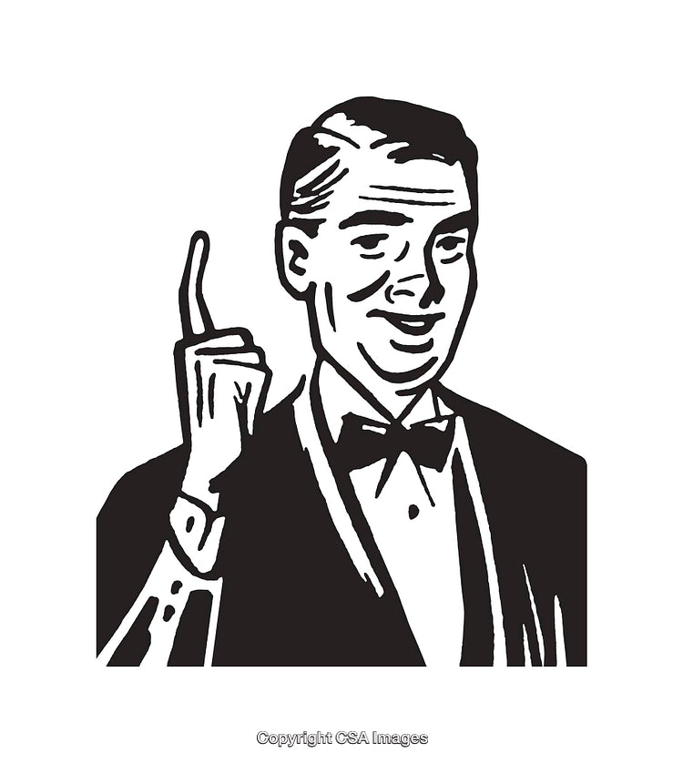 Retro Styled Black and White Line Art of a Smiling Man Pointing