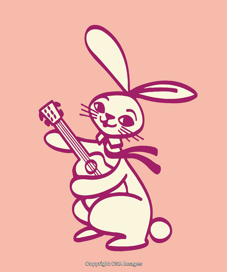 Cheerful Cartoon Bunny Playing a Guitar on a Pink Background