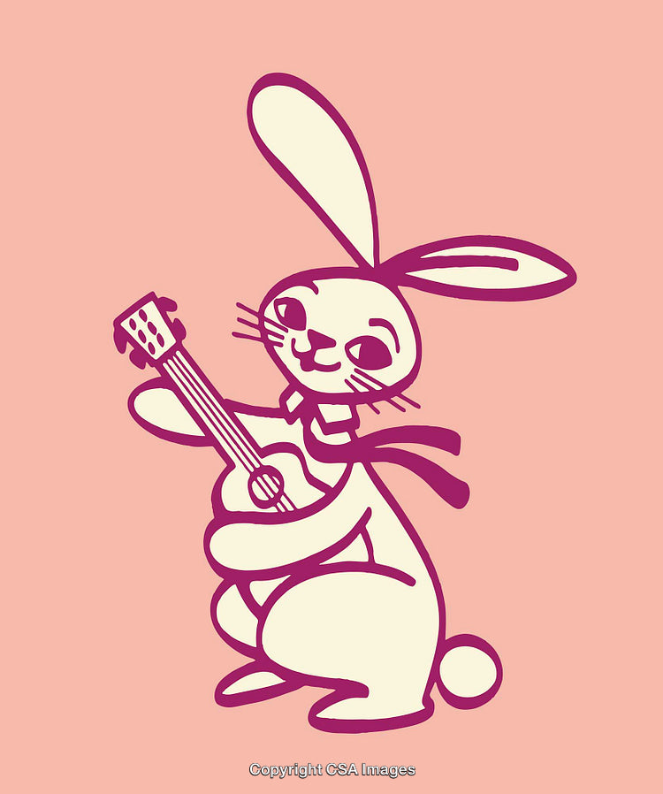 Cheerful Cartoon Bunny Playing a Guitar on a Pink Background