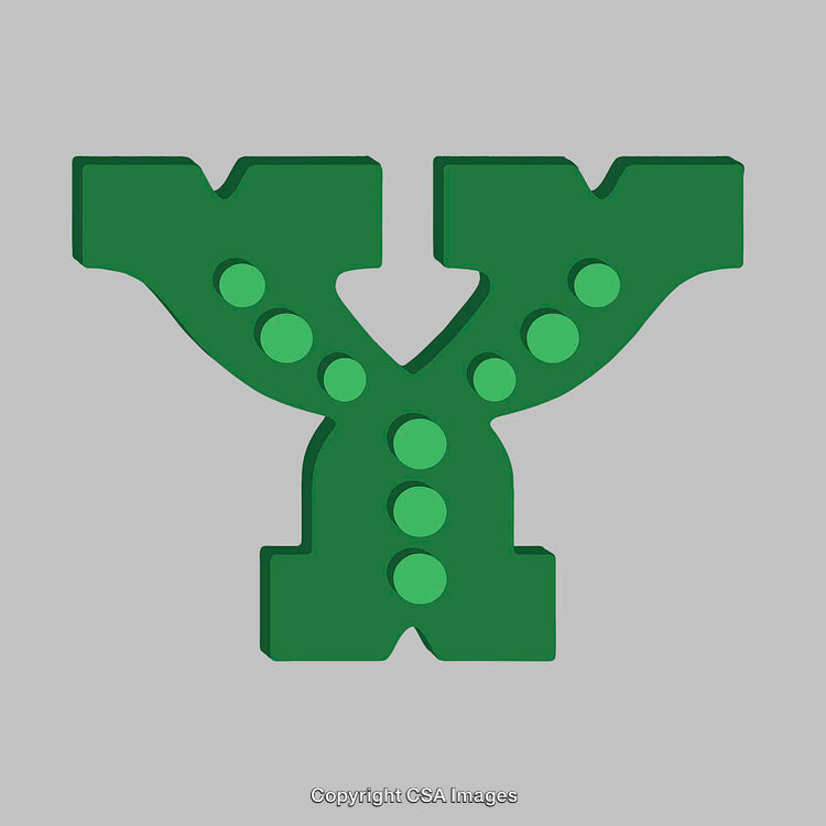 Green Letter Y with Circular Decorations on Gray Background