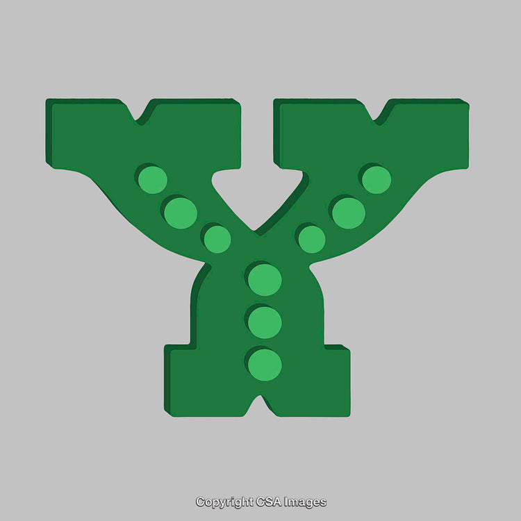 Green Letter Y with Circular Decorations on Gray Background