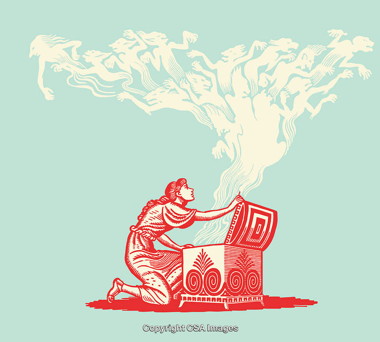 Detailed Color Line Art Depiction of Pandora's Box Opening Scene