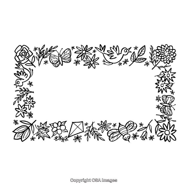 Hand-Drawn Black and White Floral and Butterfly Border Illustration