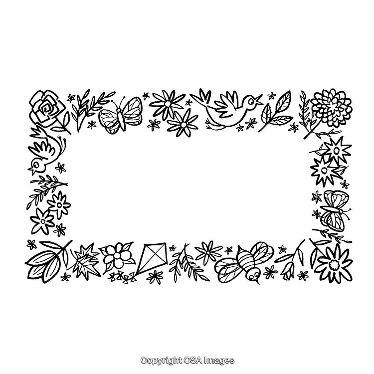 Hand-Drawn Black and White Floral and Butterfly Border Illustration