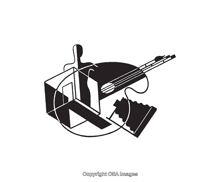 Abstract Black-and-White Line Art Depicting Musical and Artistic Elements