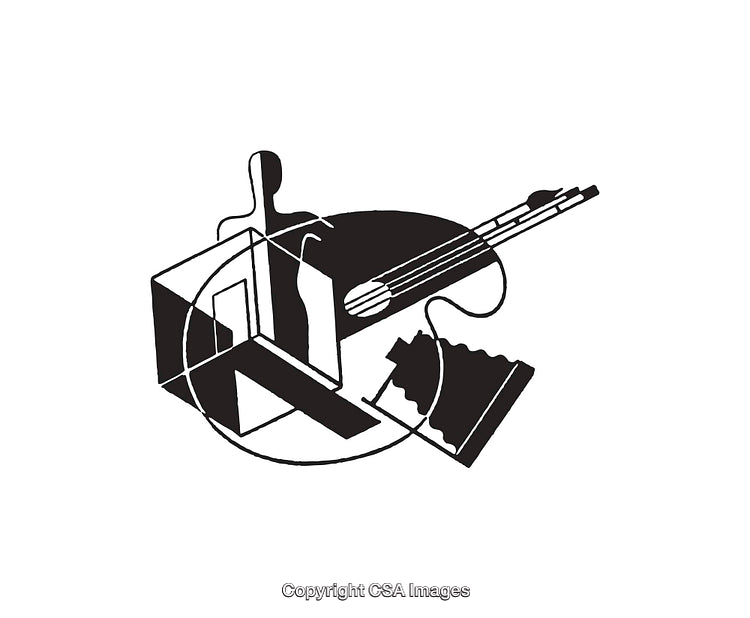 Abstract Black-and-White Line Art Depicting Musical and Artistic Elements