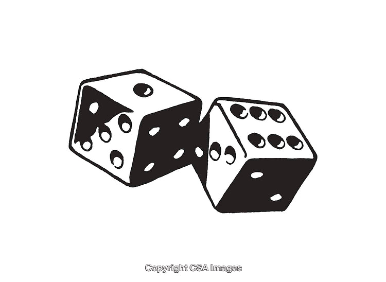 Black and White Line Art Illustration of Two Dice with Dotted Faces