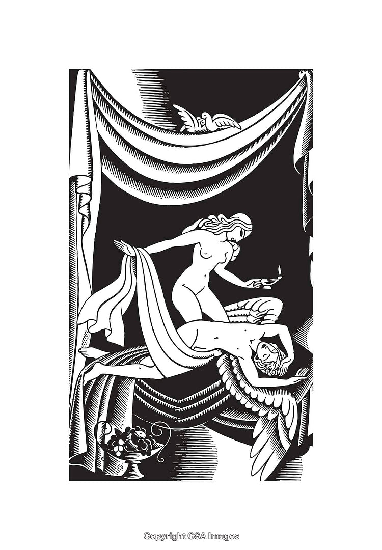 Elegant Black And White Line Art Illustration of Mythological Scene