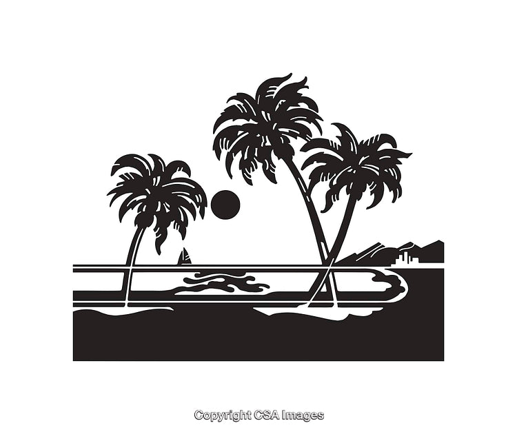 Tropical Black And White Line Art Illustrating Palm Trees and Ocean View