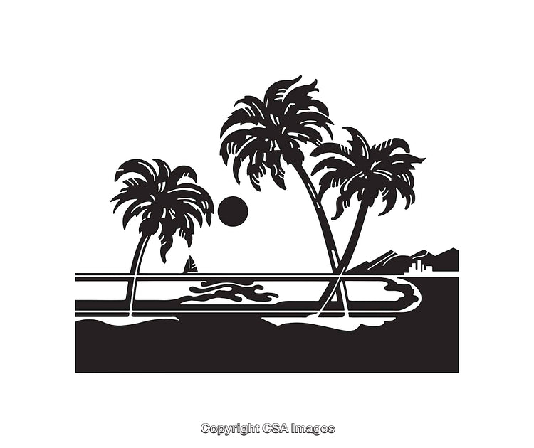 Tropical Black And White Line Art Illustrating Palm Trees and Ocean View