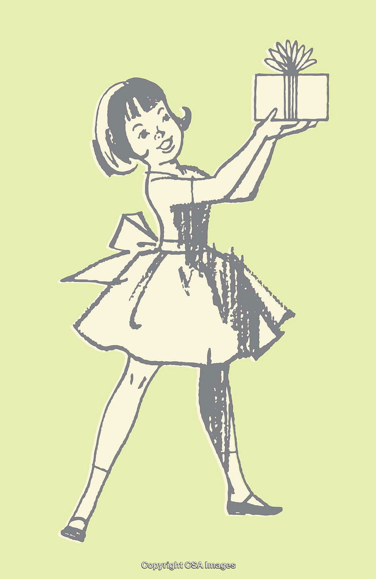Vintage Illustration of a Girl Holding a Wrapped Gift on Green Background