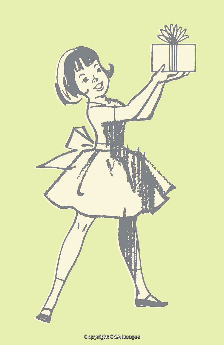 Vintage Illustration of a Girl Holding a Wrapped Gift on Green Background