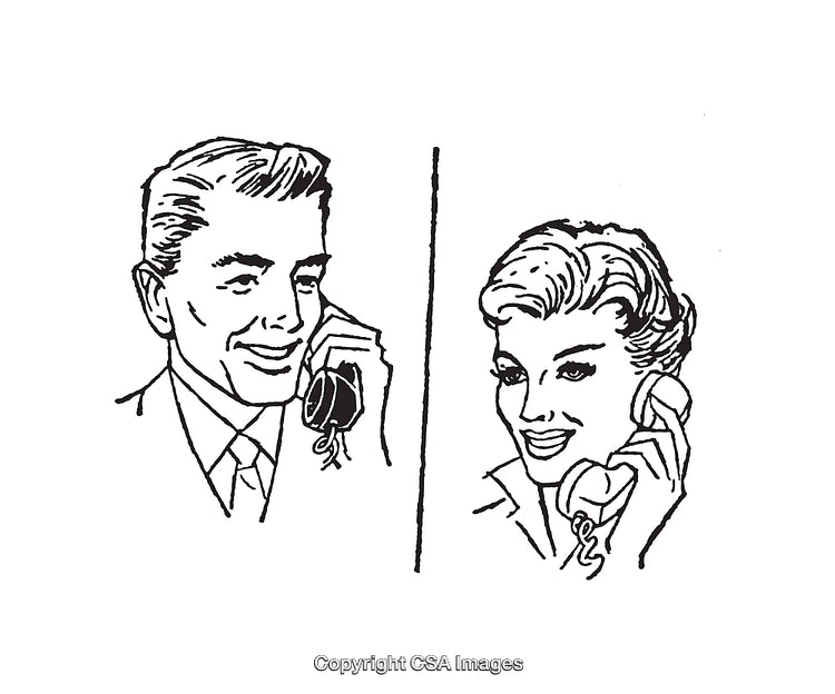 Vintage Line Art Illustration of Two People Talking on Telephones