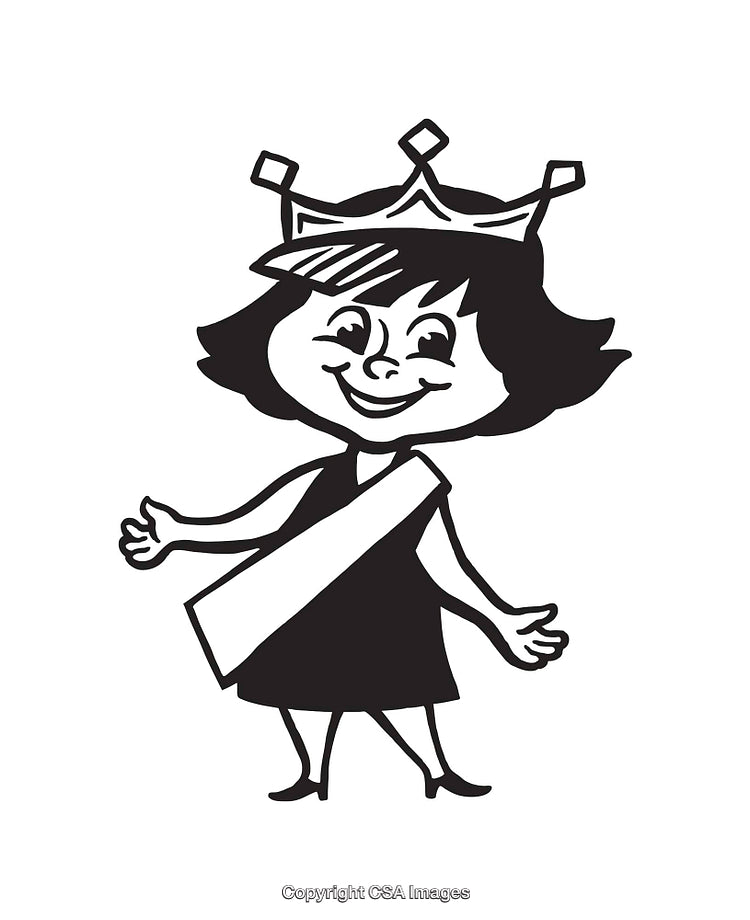 Black and White Illustration of a Crowned Cartoon Girl Wearing a Sash