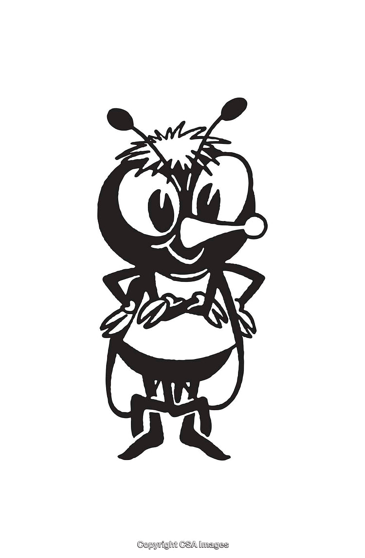 Black And White Line Art Illustration of a Cheerful Cartoon Insect