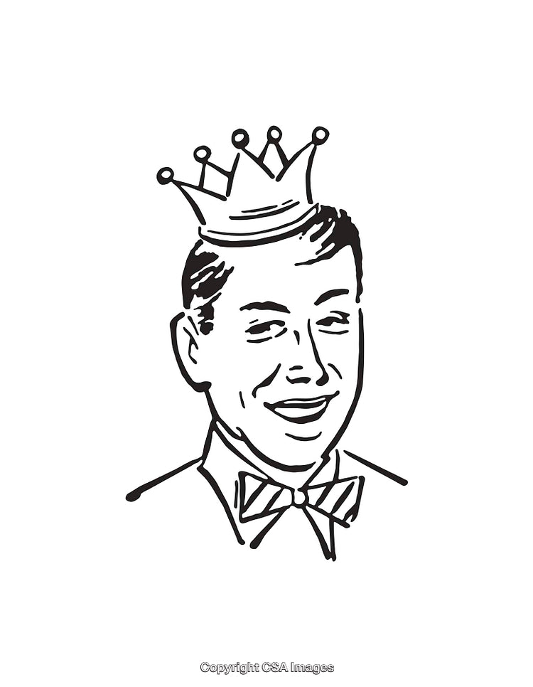 Black and White Line Art of a Smiling Man Wearing a Crown